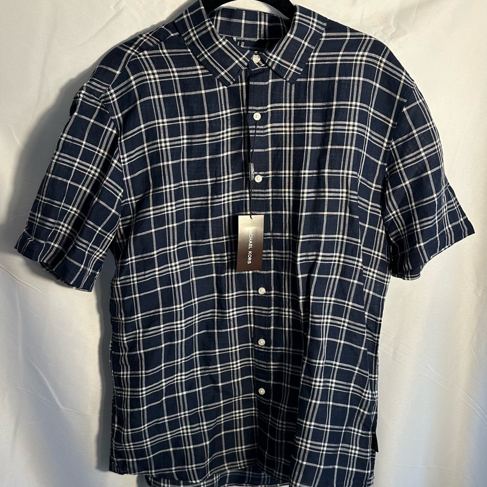 NWT Mens Michael Kors Button Down Plaid Linen Shirt‎ Size M
